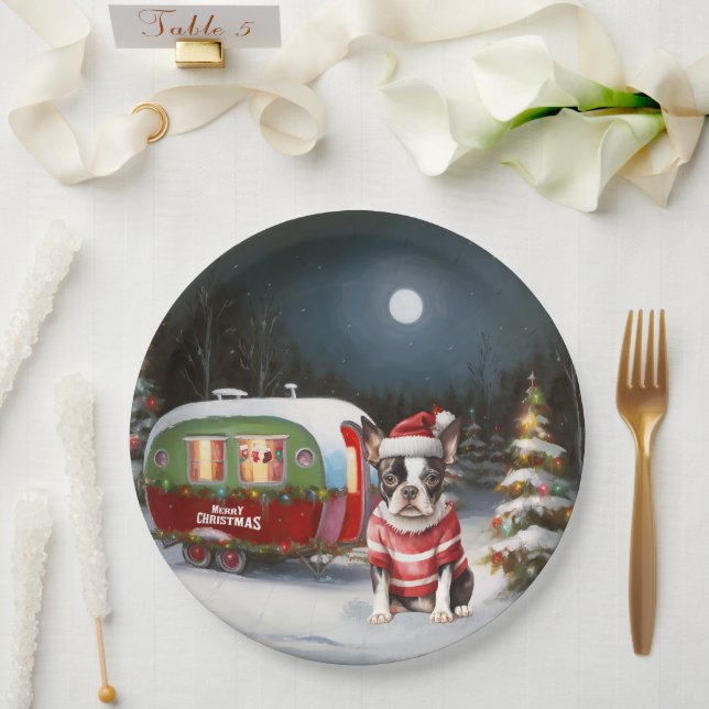 Boston Terrier Caravan Christmas Adventure  Paper Plates (Wedding)