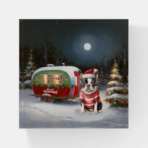 Boston Terrier Caravan Christmas Adventure  Paperweight