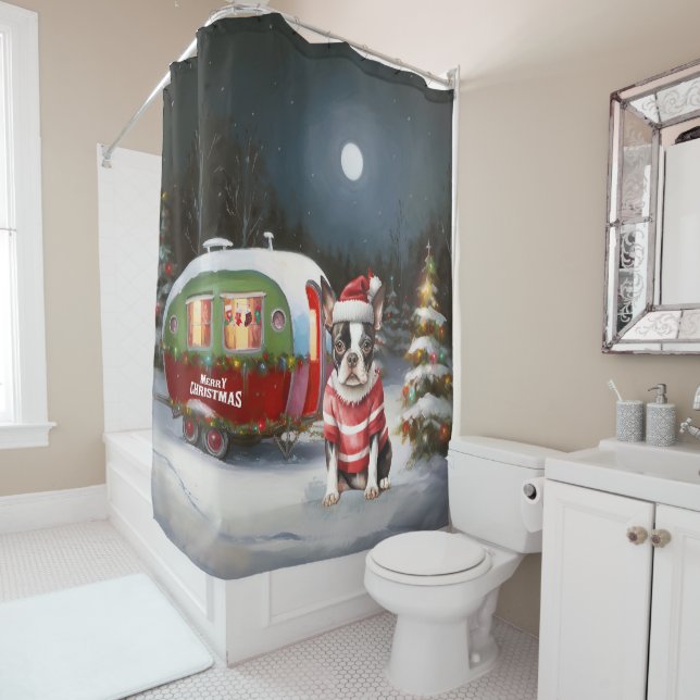 Boston Terrier Caravan Christmas Adventure  Shower Curtain (In Situ)