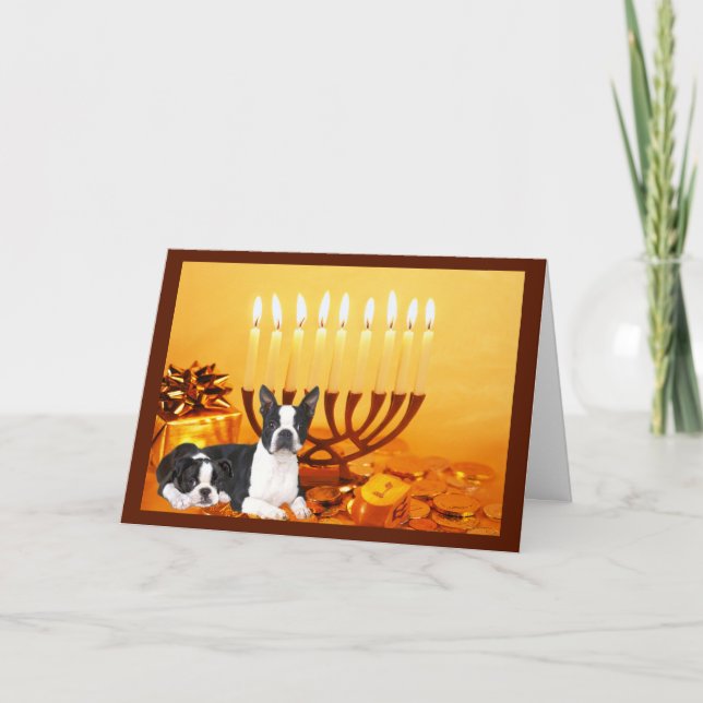 Boston Terrier Chanukah Card Menorah1 (Front)