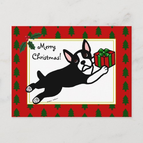 Boston Terrier Christmas 2 Cartoon Holiday Postcard