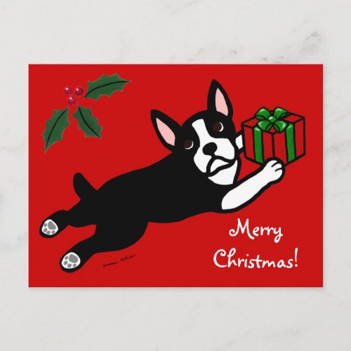 Boston Terrier Christmas 2 Cartoon Holiday Postcard