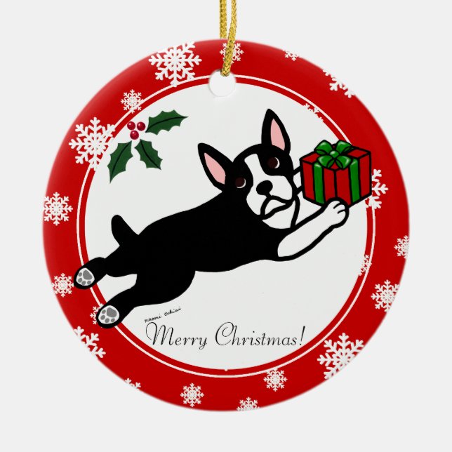 Boston Terrier Christmas 2 Cartoon Snowflakes Ceramic Ornament (Front)