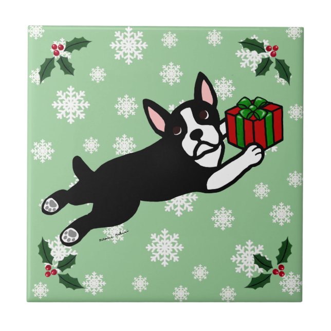 Boston Terrier Christmas 2 Cartoon Snowflakes Ceramic Tile (Front)