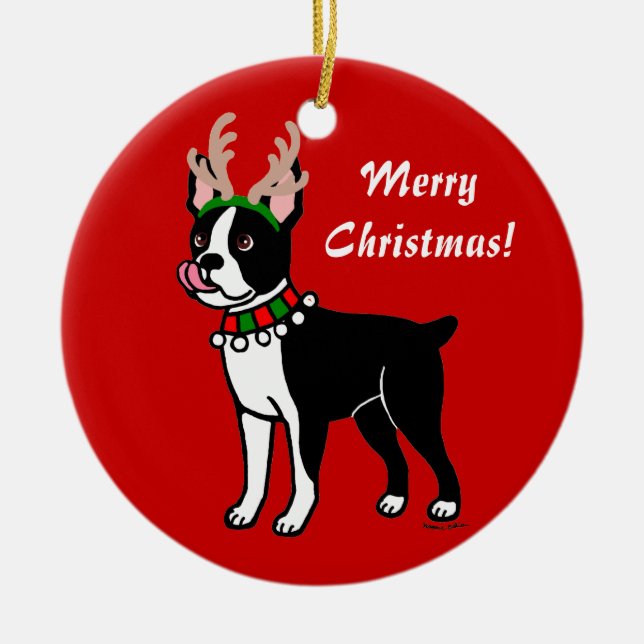 Boston Terrier Christmas Antlers Ceramic Ornament (Front)