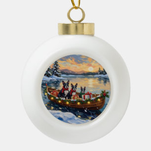 Boston Terrier Christmas Boat Holiday Ceramic Ball Christmas Ornament