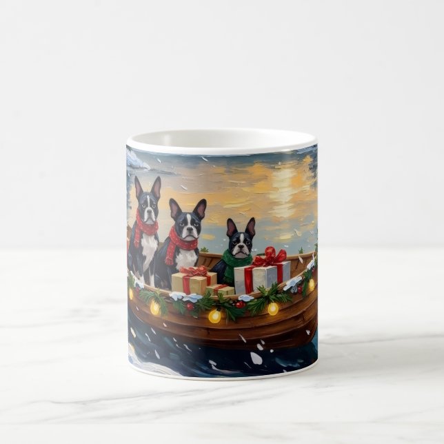 Boston Terrier Christmas Boat Holiday Coffee Mug (Center)