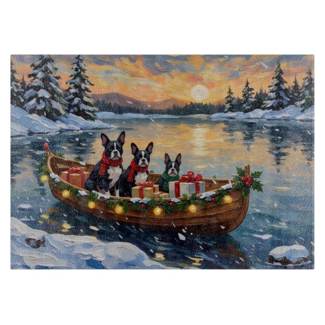 Boston Terrier Christmas Boat Holiday Cutting Board (Front)