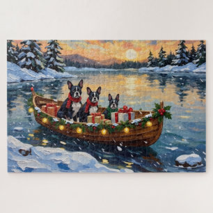 Boston Terrier Christmas Boat Holiday Jigsaw Puzzle