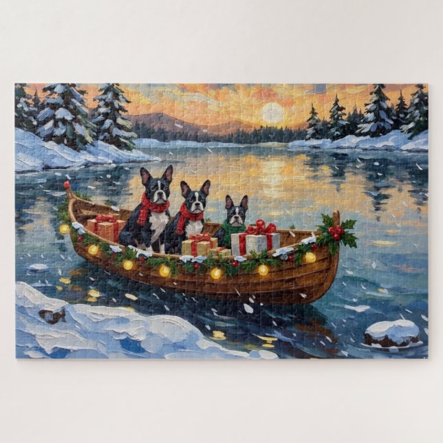 Boston Terrier Christmas Boat Holiday Jigsaw Puzzle (Horizontal)