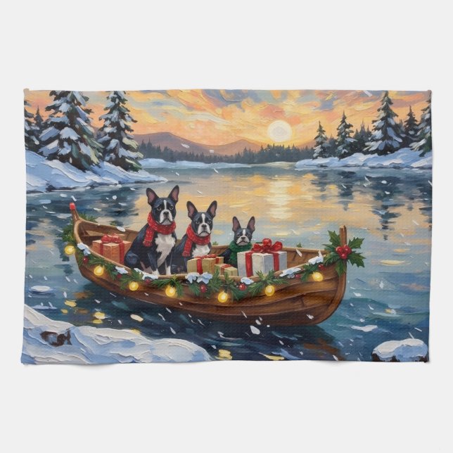 Boston Terrier Christmas Boat Holiday Kitchen Towel (Horizontal)