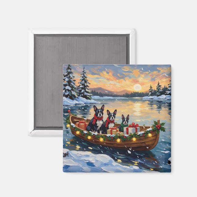 Boston Terrier Christmas Boat Holiday Magnet (Front/Back)