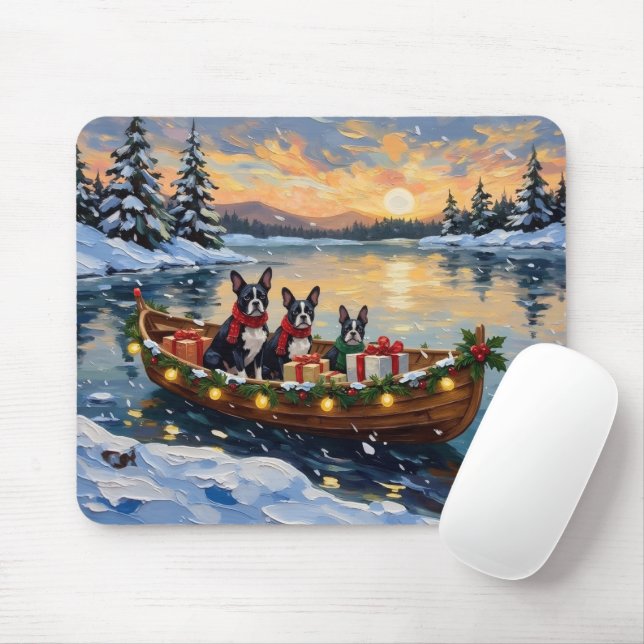Boston Terrier Christmas Boat Holiday Mouse Pad (With Mouse)