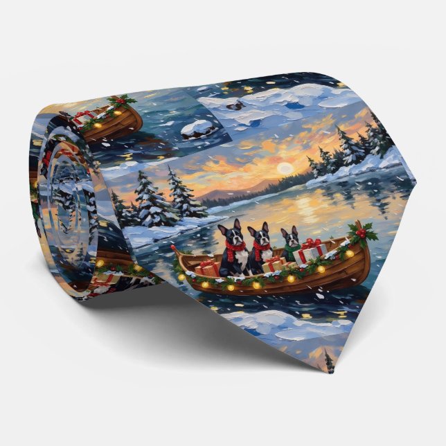 Boston Terrier Christmas Boat Holiday Neck Tie (Rolled)