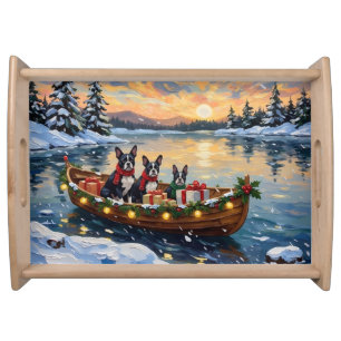 Boston Terrier Christmas Boat Holiday Serving Tray