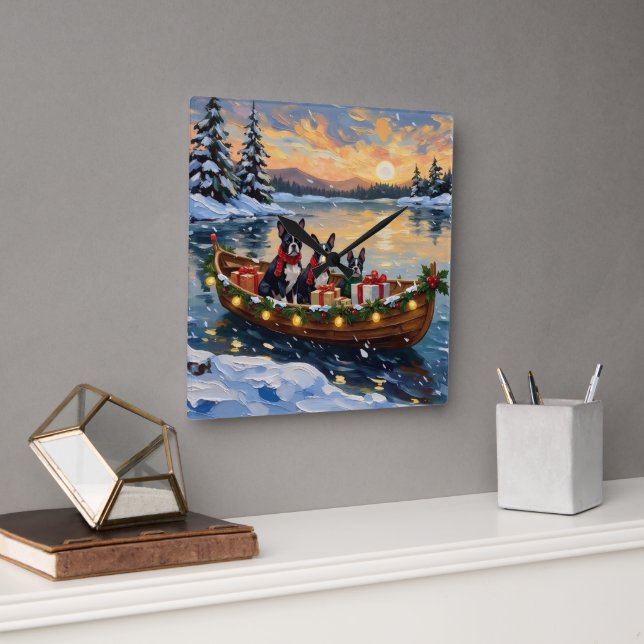 Boston Terrier Christmas Boat Holiday Square Wall Clock (Office)