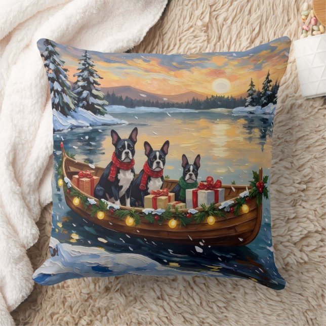 Boston Terrier Christmas Boat Holiday Throw Pillow (Blanket)