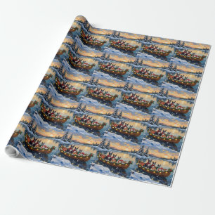 Boston Terrier Christmas Boat Holiday Wrapping Paper
