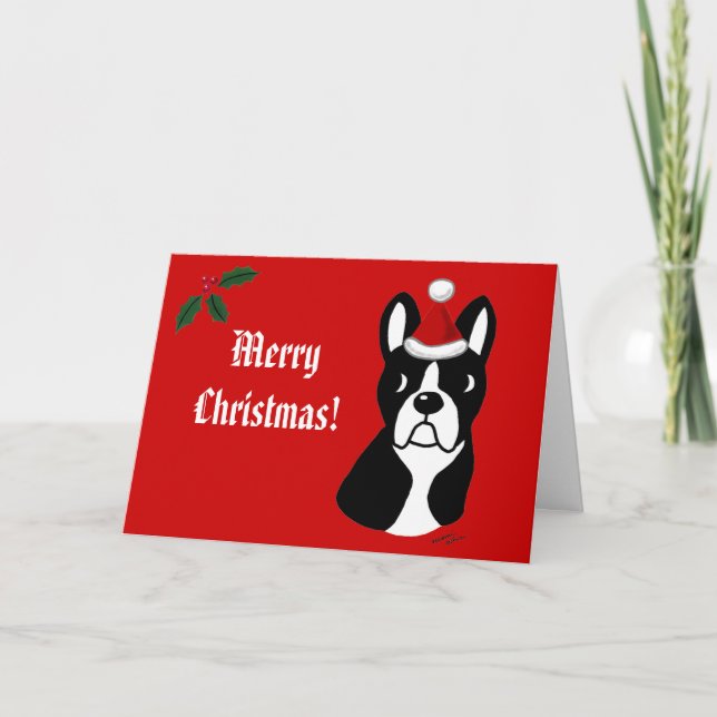 Boston Terrier Christmas Cartoon Holiday Card (Front)