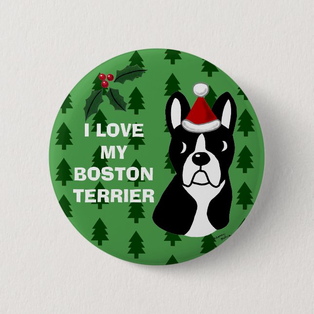 Boston Terrier Christmas Cartoon Pinback Button (Front)