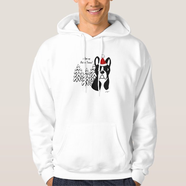 Boston Terrier Christmas Cartoon Snow Woods Hoodie (Front)