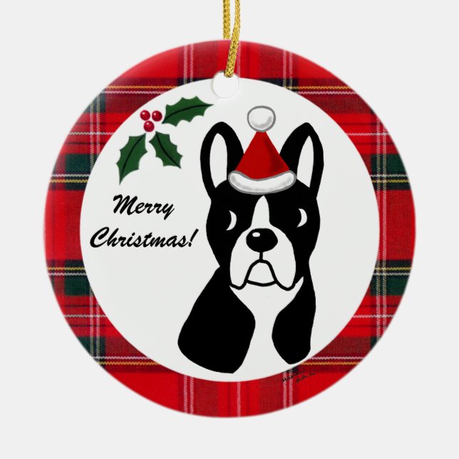 Boston Terrier Christmas Cartoon Tartan Ceramic Ornament (Front)