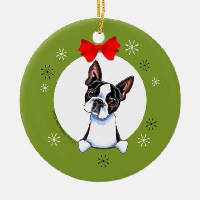 Boston Terrier Christmas Classic Ceramic Ornament (Front)