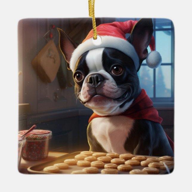 Boston Terrier Christmas Cookies Festive Holiday Ceramic Ornament (Front)