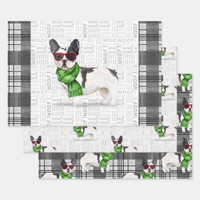 Boston Terrier Christmas Dog and Plaid Wrapping Paper Sheets (Set)