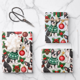 Boston Terrier Christmas Dog Pattern Wrapping Paper Sheets
