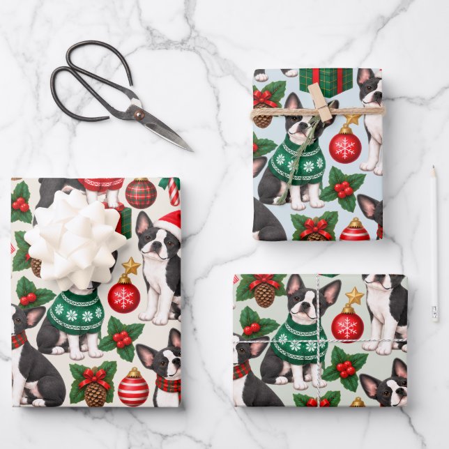 Boston Terrier Christmas Dog Pattern Wrapping Paper Sheets (Front)