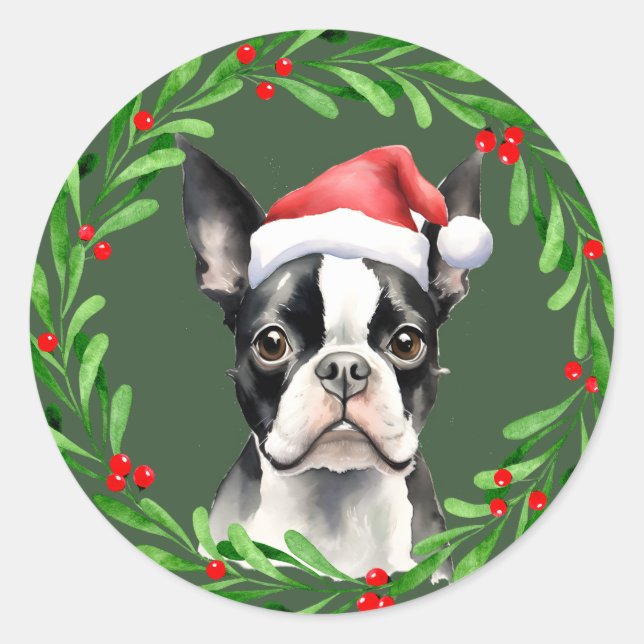 Boston Terrier Christmas Dog Puppy Mailing  Classic Round Sticker (Front)