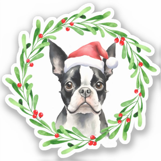 Boston Terrier Christmas Dog Puppy Vinyl Sticker (Front)