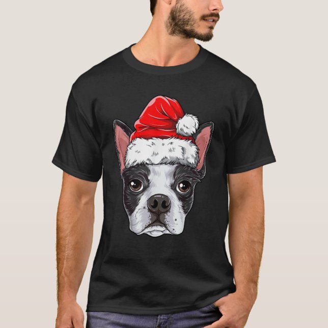Boston Terrier Christmas Dog Santa Hat Xmas Boys K T-Shirt (Front)
