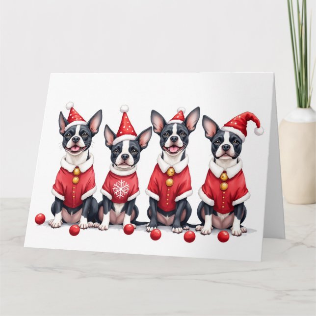 Boston Terrier Christmas Dress Santa Hat Card (Front)