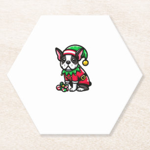 Boston Terrier Christmas Elf Funny Dog Xmas Paper Coaster