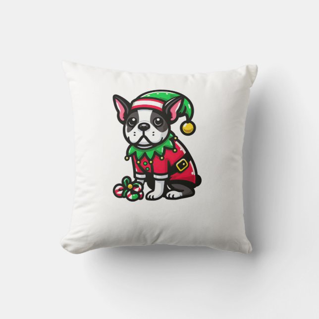 Boston Terrier Christmas Elf Funny Dog Xmas  Throw Pillow (Front)