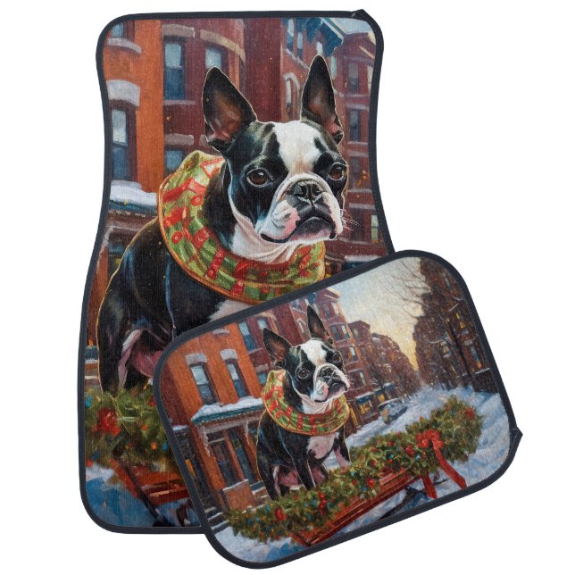 Boston Terrier Christmas Festive Season Car Floor Mat (Set)