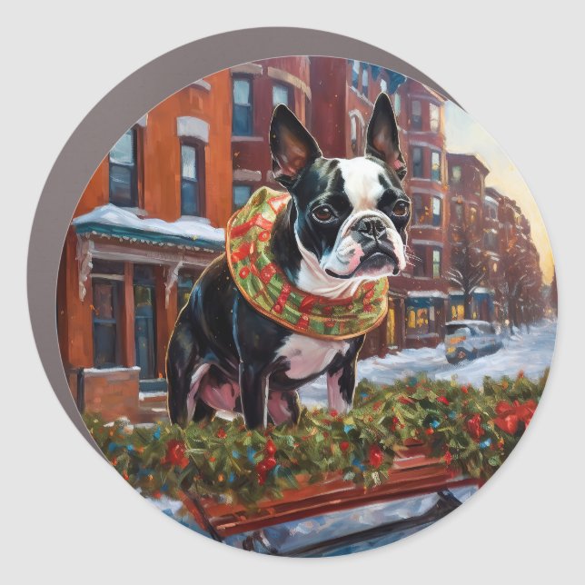 Boston Terrier Christmas Festive Season Car Magnet (Front)