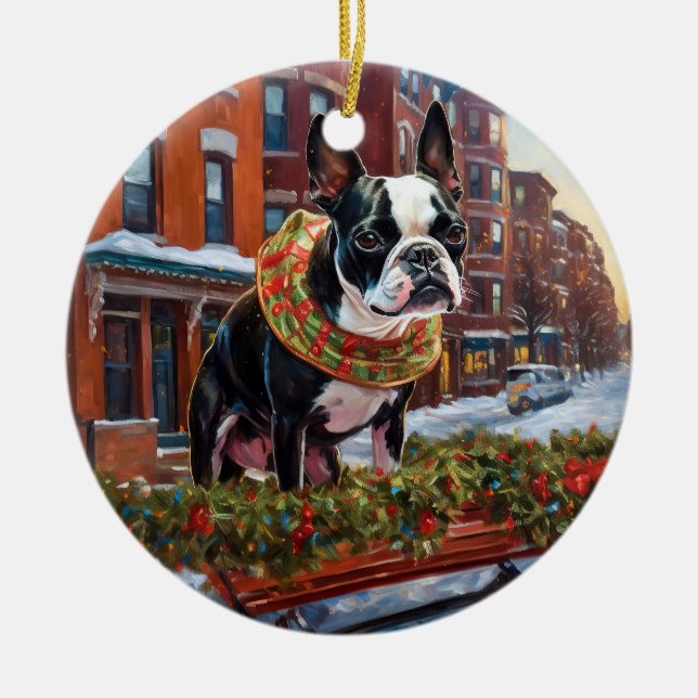 Boston Terrier Christmas Festive Season Ceramic Ornament (Front)