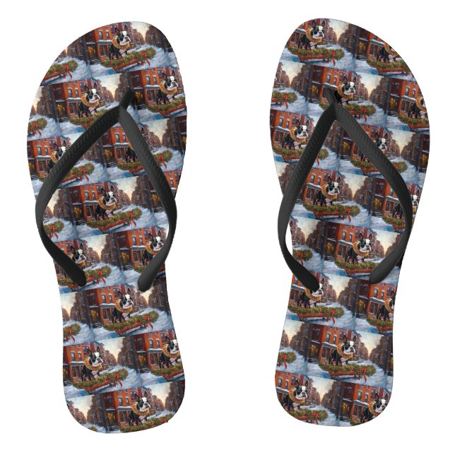 Boston Terrier Christmas Festive Season Flip Flops (Footbed)