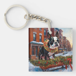 Boston Terrier Christmas Festive Season Keychain