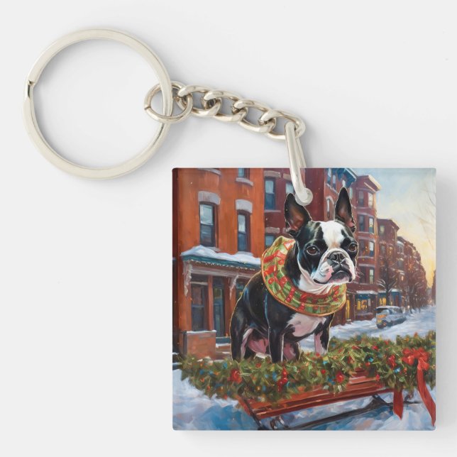Boston Terrier Christmas Festive Season Keychain (Front)