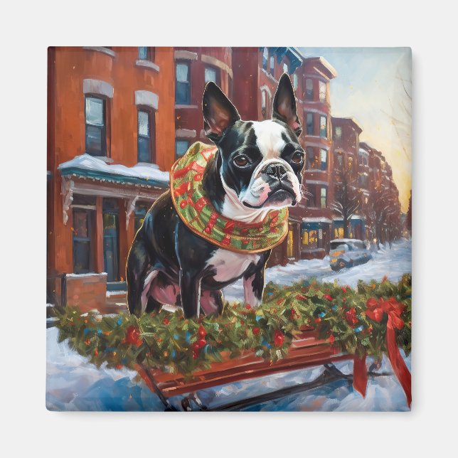 Boston Terrier Christmas Festive Season Magnet (Front)