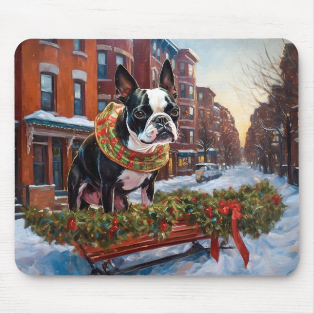 Boston Terrier Christmas Festive Season Mouse Pad (Front)