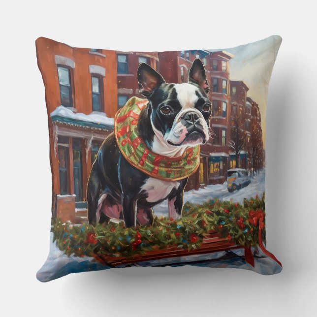 Boston Terrier Christmas Festive Season Throw Pillow (Back)