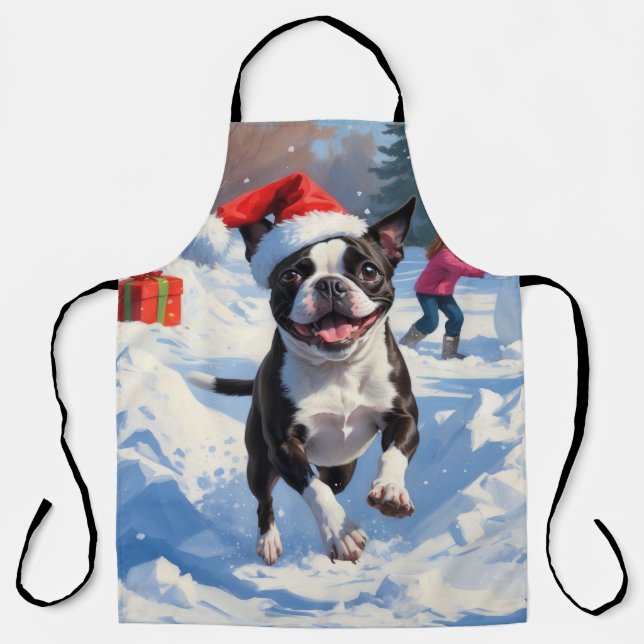 Boston Terrier  Christmas Festive Snow Scene Apron (Front)