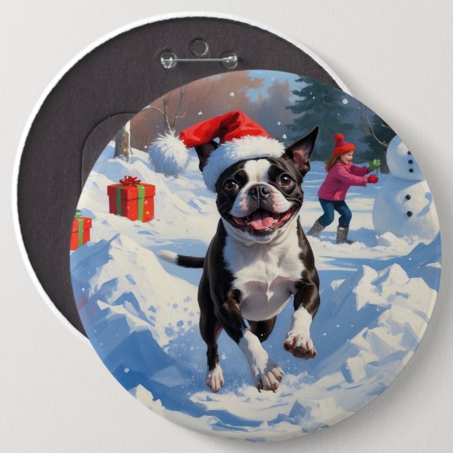Boston Terrier  Christmas Festive Snow Scene Button (Front & Back)