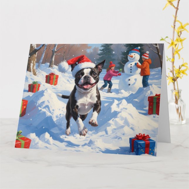 Boston Terrier  Christmas Festive Snow Scene Card (Yellow Flower)