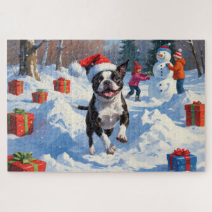 Boston Terrier Christmas Festive Snow Scene Jigsaw Puzzle